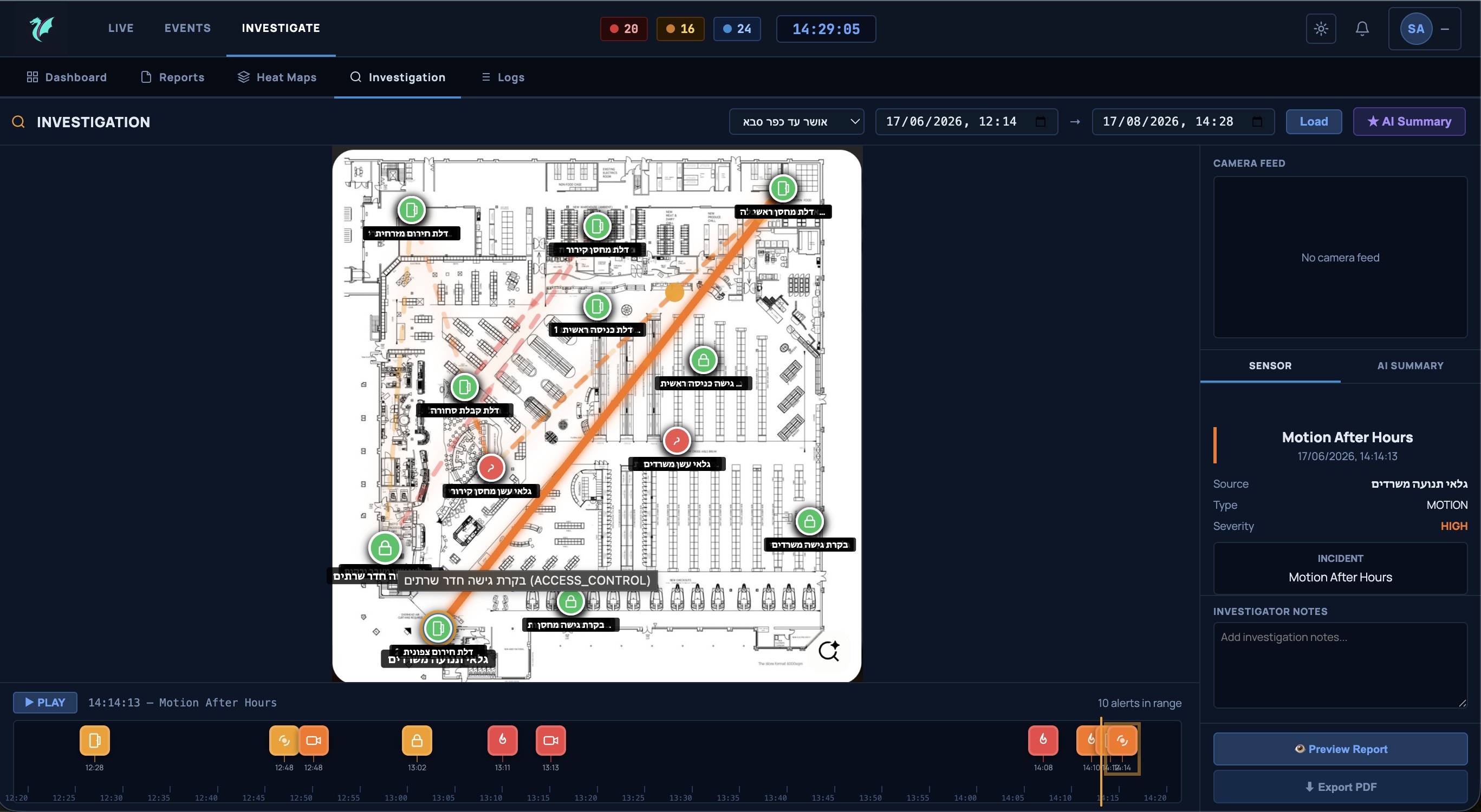 AI-zoned floor schematic with sensors and access points plotted